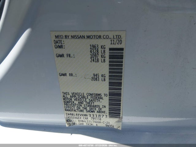 45710700 :رقم المزاد ، 1N4BL4EVXMN331873 vin ، 2021 Nissan Altima Sl Fwd مزاد بيع