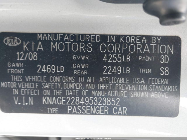 45710717 :رقم المزاد ، KNAGE228495323852 vin ، 2009 Kia Optima Lx مزاد بيع