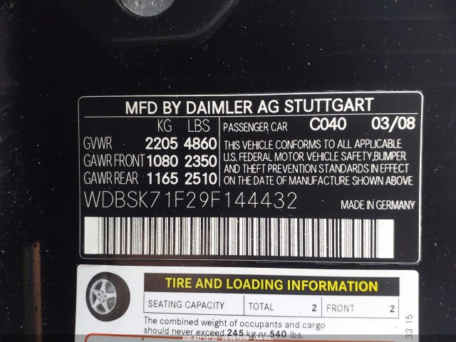 45710720 :رقم المزاد ، WDBSK71F29F144432 vin ، 2009 Mercedes-benz Sl 550 مزاد بيع