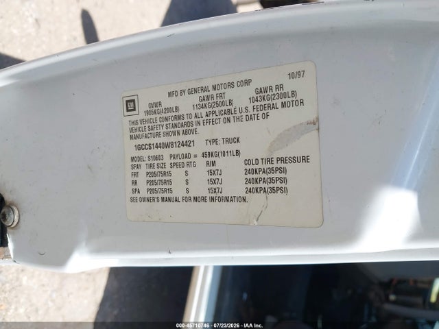Aukcja sprzedaży 1998 Chevrolet S-10 Ls, vin: 1GCCS1440W8124421, numer aukcji: 45710746