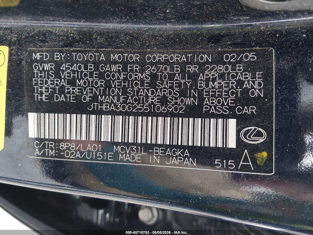 45710753 :رقم المزاد ، JTHBA30G255106902 vin ، 2005 Lexus Es 330 مزاد بيع