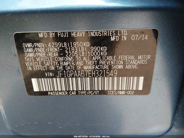 Продаж на аукціоні авто 2014 Subaru Impreza 2.0i, vin: JF1GPAA67EH321549, номер лоту: 45710764