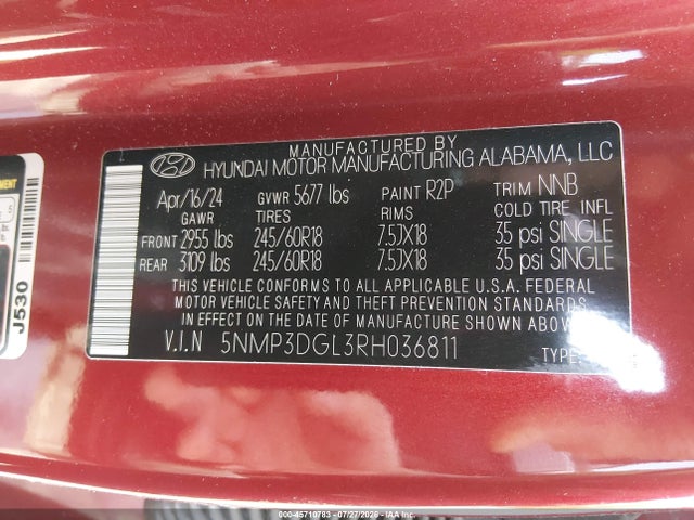 2024 Hyundai Santa Fe Xrt მანქანა იყიდება აუქციონზე, vin: 5NMP3DGL3RH036811, აუქციონის ნომერი: 45710783