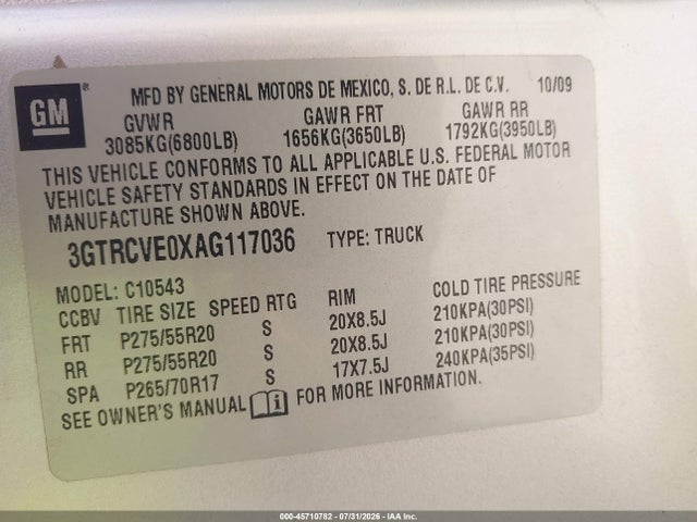 45710782 :رقم المزاد ، 3GTRCVE0XAG117036 vin ، 2010 Gmc Sierra 1500 Sle مزاد بيع
