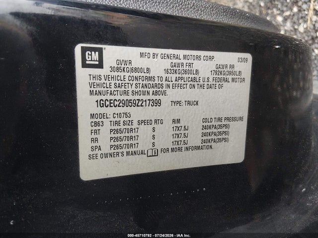 45710792 :رقم المزاد ، 1GCEC29059Z217399 vin ، 2009 Chevrolet Silverado 1500 Lt مزاد بيع