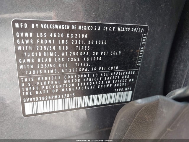 Aukcja sprzedaży 2023 Volkswagen Taos 1.5t Se, vin: 3VVYX7B25PM312815, numer aukcji: 45710799
