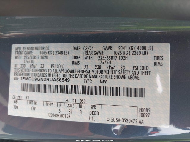 Aukcja sprzedaży 2024 Ford Escape Active, vin: 1FMCU9GN3RUA66549, numer aukcji: 45710814
