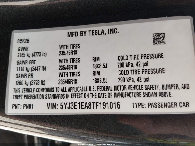 Aukcja sprzedaży 2026 Tesla Model 3 Premium Rear-wheel Drive/rear-wheel Drive, vin: 5YJ3E1EA8TF191016, numer aukcji: 45710851