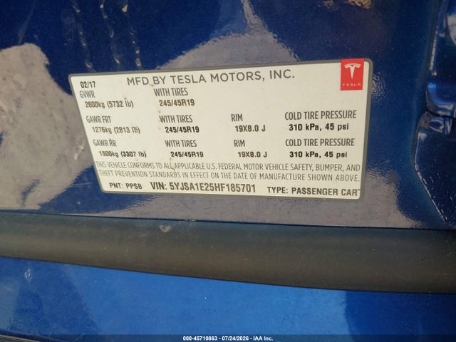 Продаж на аукціоні авто 2017 Tesla Model S 100d/60d/75d/90d/p100d, vin: 5YJSA1E25HF185701, номер лоту: 45710863