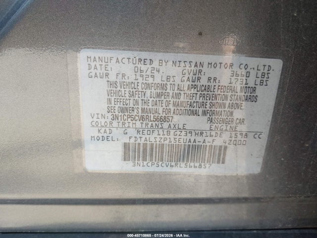 45710865 :رقم المزاد ، 3N1CP5CV6RL566857 vin ، 2024 Nissan Kicks Sv Xtronic Cvt مزاد بيع