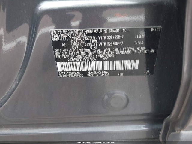 45710881 :رقم المزاد ، 2T3WFREV7FW187954 vin ، 2015 Toyota Rav4 Xle مزاد بيع