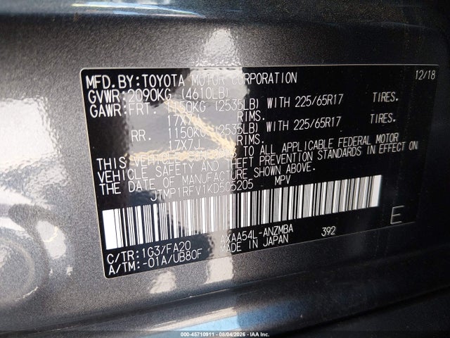 2019 Toyota Rav4 Xle მანქანა იყიდება აუქციონზე, vin: JTMP1RFV1KD505205, აუქციონის ნომერი: 45710911