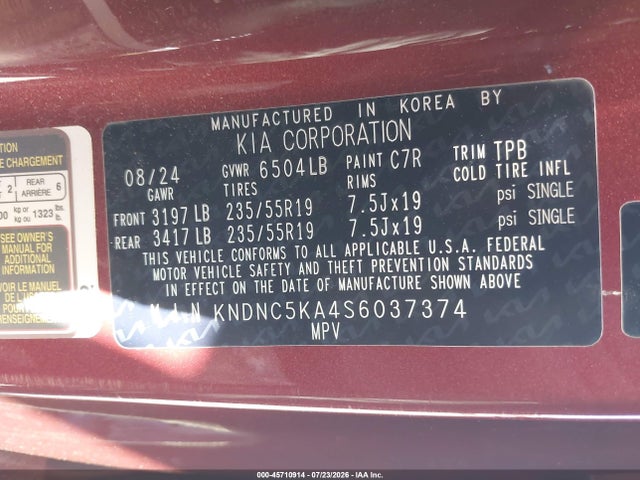 Продажа на аукционе авто 2025 Kia Carnival Mpv Hybrid Ex, vin: KNDNC5KA4S6037374, номер лота: 45710914