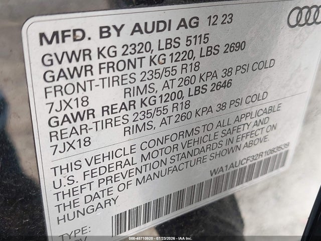 2024 Audi Q3 Premium 40 Tfsi Quattro Tiptronic მანქანა იყიდება აუქციონზე, vin: WA1AUCF32R1083539, აუქციონის ნომერი: 45710920