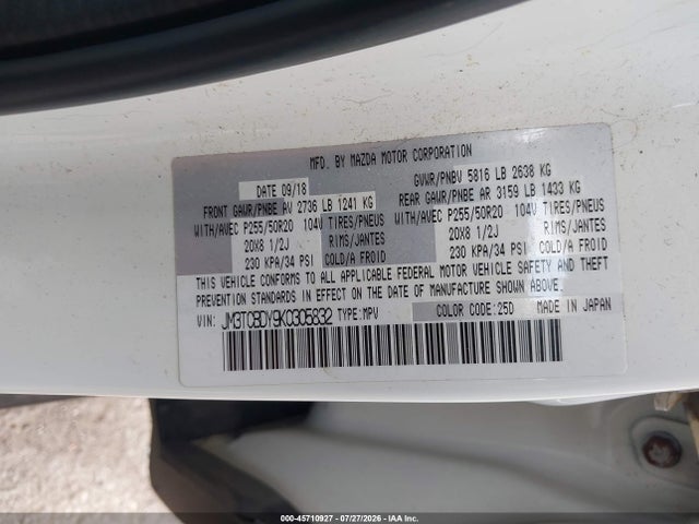 2019 Mazda Cx-9 Grand Touring მანქანა იყიდება აუქციონზე, vin: JM3TCBDY9K0305832, აუქციონის ნომერი: 45710927