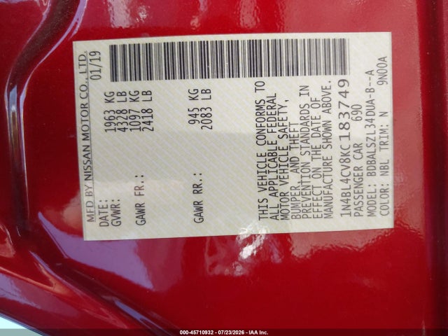 45710932 :رقم المزاد ، 1N4BL4CV8KC183749 vin ، 2019 Nissan Altima 2.5 Sr مزاد بيع