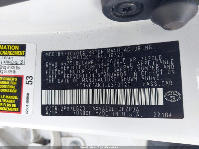 45710943 :رقم المزاد ، 4T1K61AK8LU370120 vin ، 2020 Toyota Camry Xse مزاد بيع