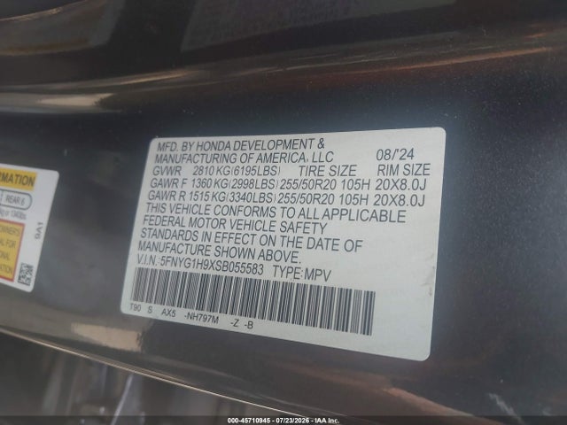 Auction sale of the 2025 Honda Pilot Black Edition, vin: 5FNYG1H9XSB055583, lot number: 45710945