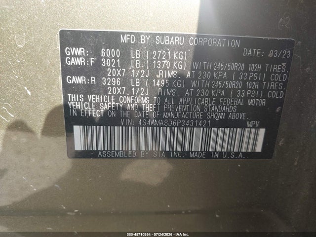 45710954 :رقم المزاد ، 4S4WMASD6P3431421 vin ، 2023 Subaru Ascent Limited 7-passenger مزاد بيع