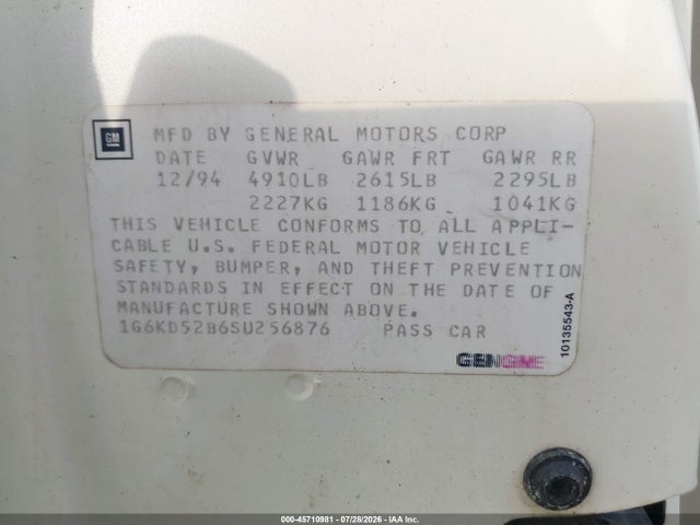 Продаж на аукціоні авто 1995 Cadillac Deville, vin: 1G6KD52B6SU256876, номер лоту: 45710981