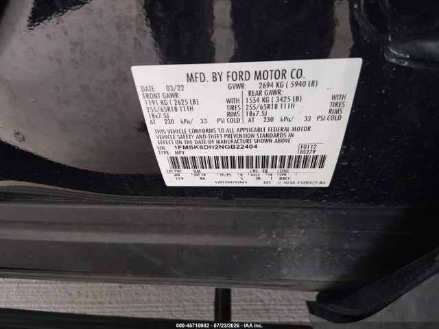 1FMSK8DH2NGB22404 Ford EXPLORER XLT