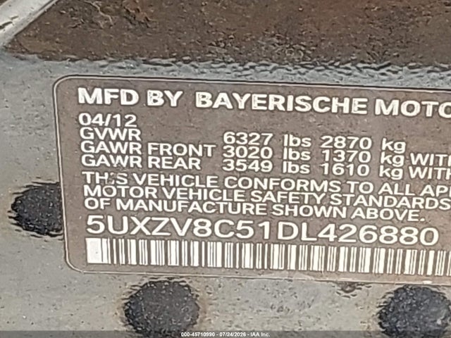 2013 Bmw X5 Xdrive50i მანქანა იყიდება აუქციონზე, vin: 5UXZV8C51DL426880, აუქციონის ნომერი: 45710990