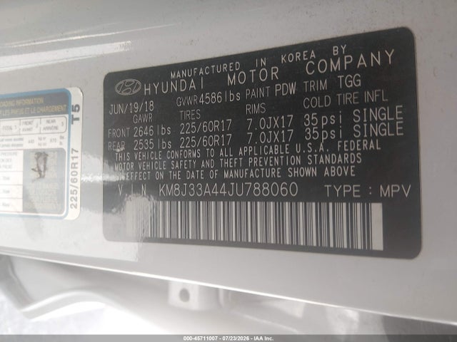 Aukcja sprzedaży 2018 Hyundai Tucson Sel, vin: KM8J33A44JU788060, numer aukcji: 45711007