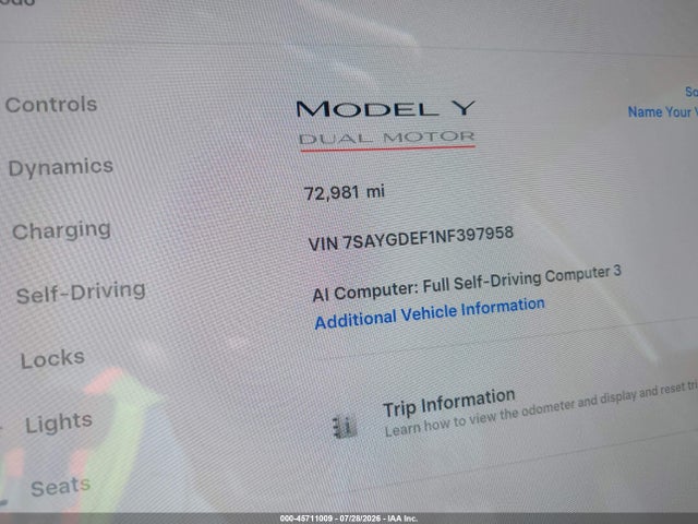 Продаж на аукціоні авто 2022 Tesla Model Y Performance Dual Motor All-wheel Drive, vin: 7SAYGDEF1NF397958, номер лоту: 45711009