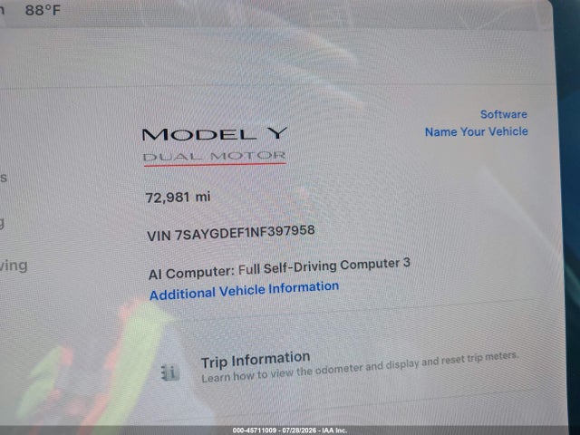 Продаж на аукціоні авто 2022 Tesla Model Y Performance Dual Motor All-wheel Drive, vin: 7SAYGDEF1NF397958, номер лоту: 45711009