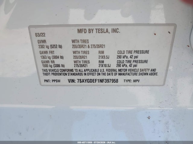 Продаж на аукціоні авто 2022 Tesla Model Y Performance Dual Motor All-wheel Drive, vin: 7SAYGDEF1NF397958, номер лоту: 45711009