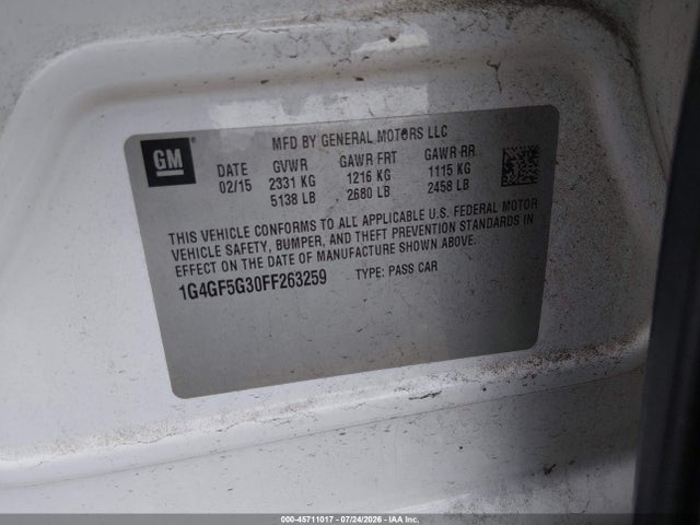45711017 :رقم المزاد ، 1G4GF5G30FF263259 vin ، 2015 Buick Lacrosse Premium Ii مزاد بيع