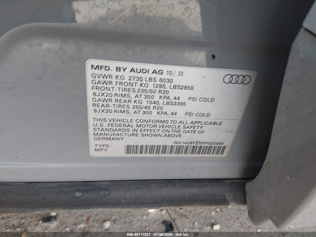 Продажа на аукционе авто 2024 Audi Q4 Sportback E-tron Prestige 50 Quattro, vin: WA142BFZXRP025984, номер лота: 45711027