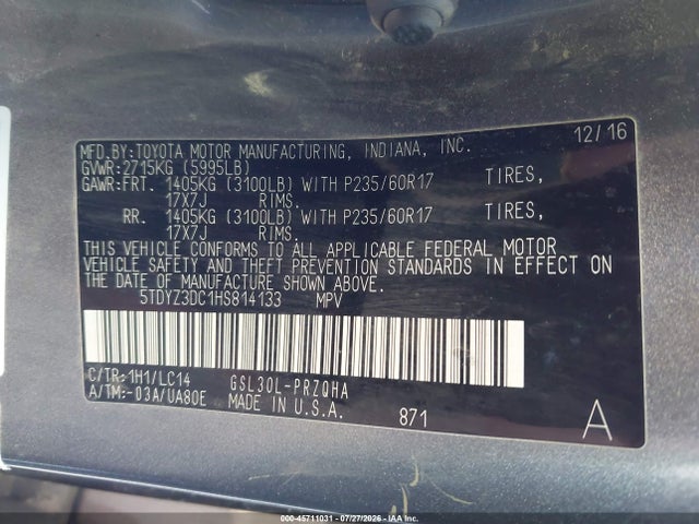Продажа на аукционе авто 2017 Toyota Sienna Xle 8 Passenger, vin: 5TDYZ3DC1HS814133, номер лота: 45711031