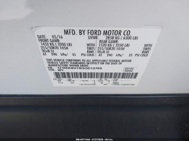 Продажа на аукционе авто 2016 Ford Explorer Platinum, vin: 1FM5K8HT8GGD12769, номер лота: 45711044