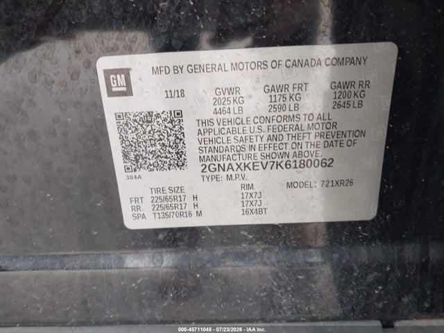Aukcja sprzedaży 2019 Chevrolet Equinox Lt, vin: 2GNAXKEV7K6180062, numer aukcji: 45711048