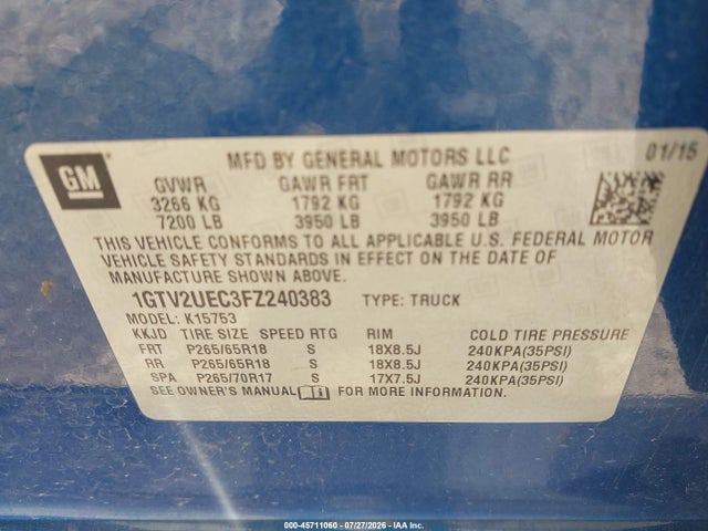 45711060 :رقم المزاد ، 1GTV2UEC3FZ240383 vin ، 2015 Gmc Sierra 1500 Sle مزاد بيع