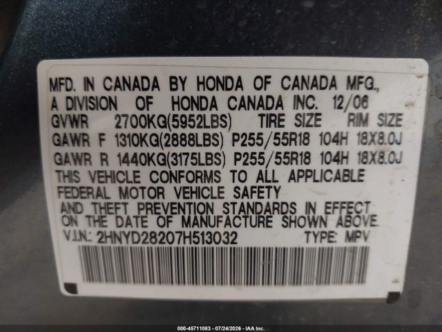 Aukcja sprzedaży 2007 Acura Mdx, vin: 2HNYD28207H513032, numer aukcji: 45711083