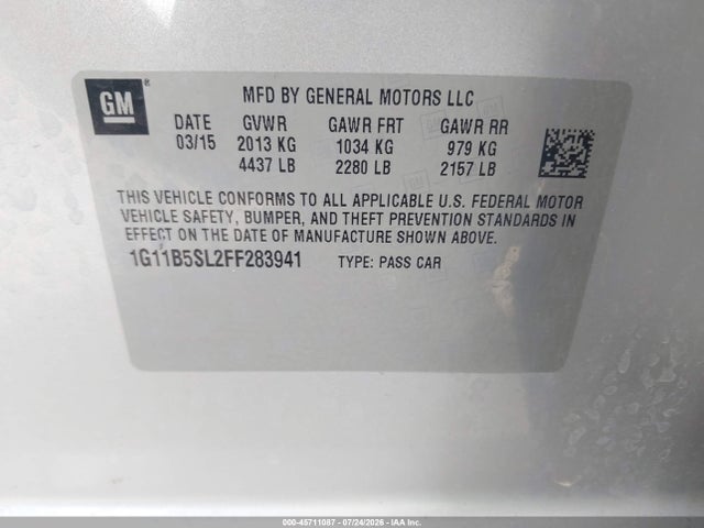 2015 Chevrolet Malibu Ls მანქანა იყიდება აუქციონზე, vin: 1G11B5SL2FF283941, აუქციონის ნომერი: 45711087