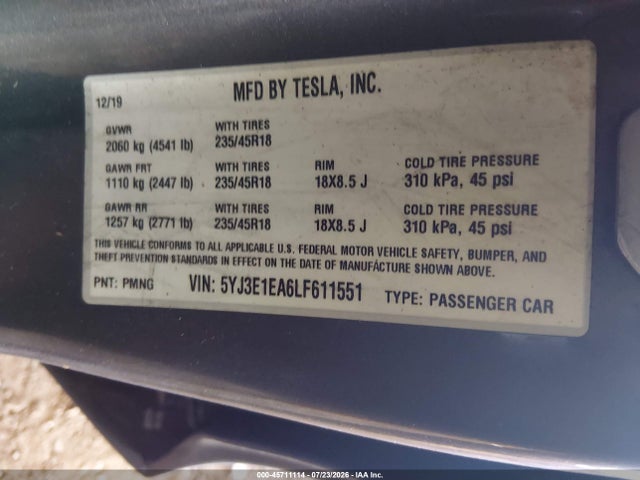 Aukcja sprzedaży 2020 Tesla Model 3 Standard Range Plus Rear-wheel Drive/standard Range Rear-wheel Drive, vin: 5YJ3E1EA6LF611551, numer aukcji: 45711114