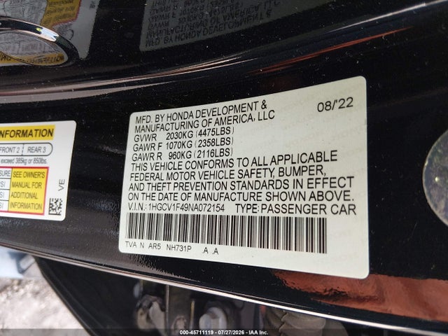 Aukcja sprzedaży 2022 Honda Accord Sport Special Edition, vin: 1HGCV1F49NA072154, numer aukcji: 45711119