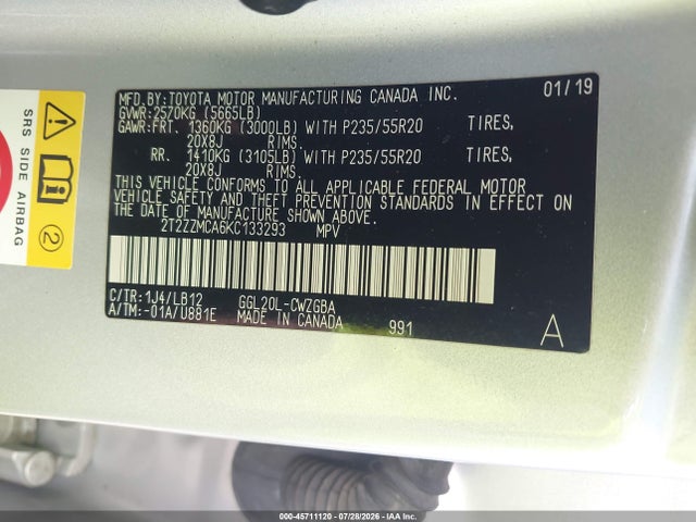 45711120 :رقم المزاد ، 2T2ZZMCA6KC133293 vin ، 2019 Lexus Rx 350 مزاد بيع