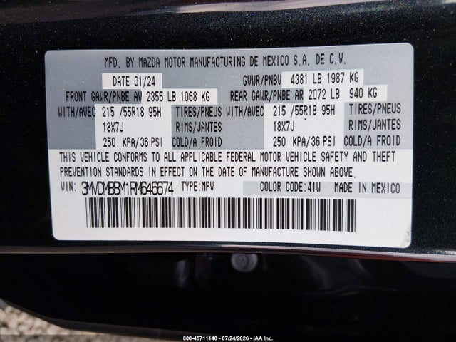 2024 Mazda Cx-30 2.5 S Select Sport მანქანა იყიდება აუქციონზე, vin: 3MVDMBBM1RM646674, აუქციონის ნომერი: 45711140