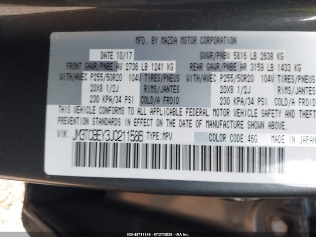 Aukcja sprzedaży 2018 Mazda Cx-9 Signature, vin: JM3TCBEY3J0211586, numer aukcji: 45711149