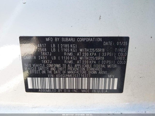 45711157 :رقم المزاد ، 4S4GUHM62S3716377 vin ، 2025 Subaru Crosstrek Limited مزاد بيع