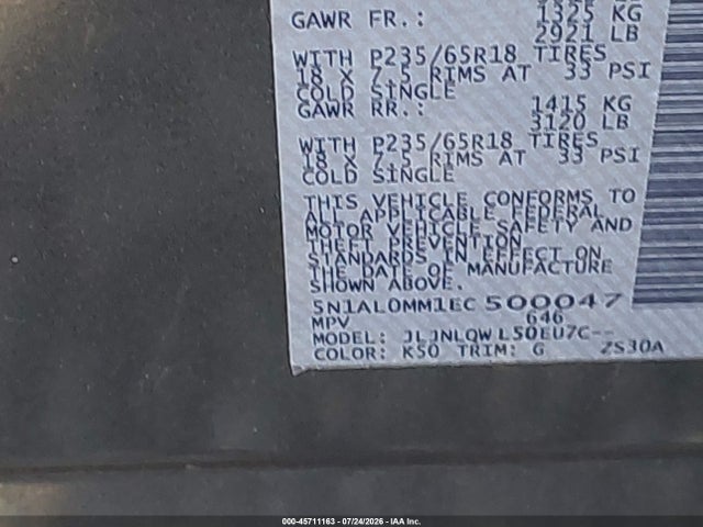 45711163 :رقم المزاد ، 5N1AL0MM1EC500047 vin ، 2014 Infiniti Qx60 مزاد بيع