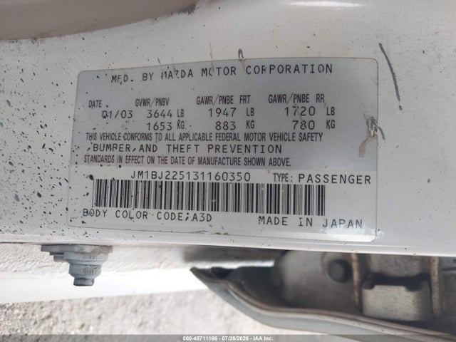 Продаж на аукціоні авто 2003 Mazda Protege Dx/es/lx, vin: JM1BJ225131160350, номер лоту: 45711166