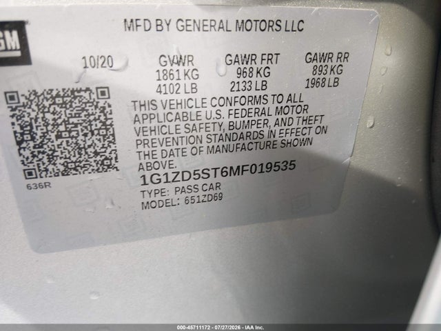 Продаж на аукціоні авто 2021 Chevrolet Malibu Fwd Lt, vin: 1G1ZD5ST6MF019535, номер лоту: 45711172