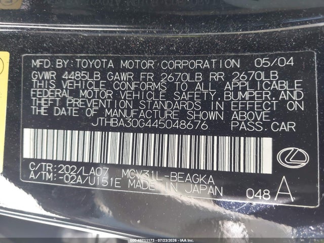 Aukcja sprzedaży 2004 Lexus Es 330, vin: JTHBA30G445048676, numer aukcji: 45711173