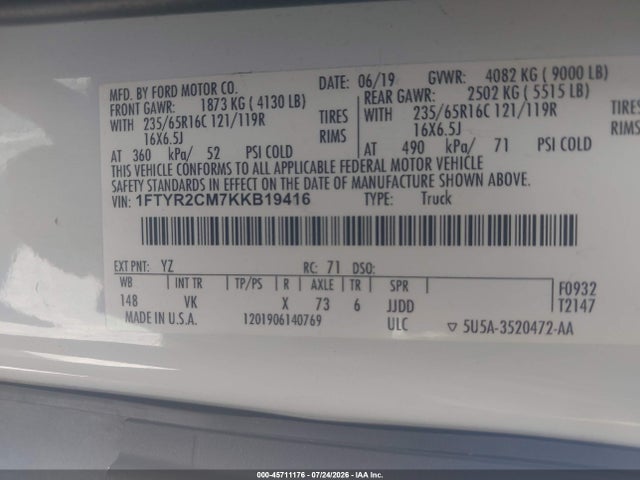 Ford Transit-250 2019 1FTYR2CM7KKB19416 Image 9