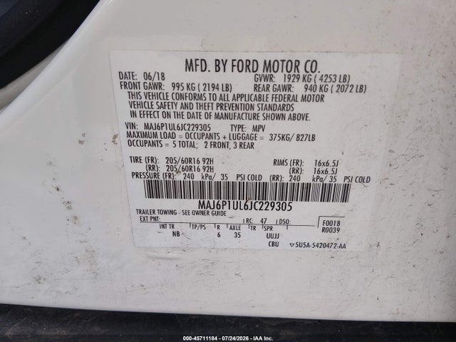 Aukcja sprzedaży 2018 Ford Ecosport Se, vin: MAJ6P1UL6JC229305, numer aukcji: 45711184